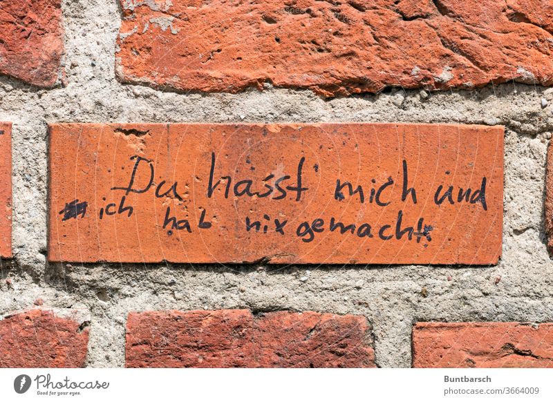 "You hate me and I haven't done anything" Hatred writing Text Wall (building) Exterior shot Letters (alphabet) Characters Word Deserted Wall (barrier)