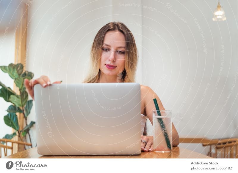 Young businesswoman using laptop during remote work in cafe freelance typing busy fresh lemonade browsing internet female young summer outfit modern device