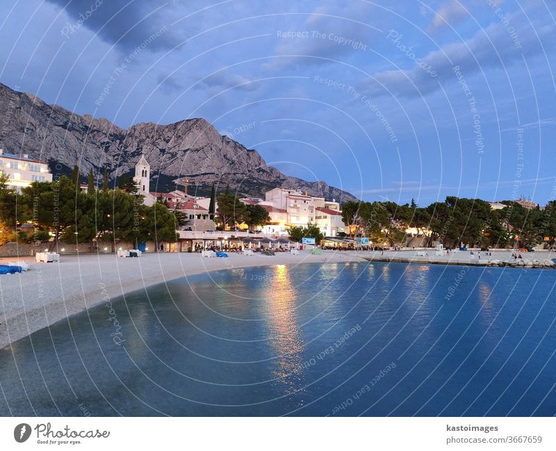 Empty beach of Baska voda, Croatia at dusk. Vacation & Travel Adriatic Sea Nature Water Landscape Travel photography Ocean Summer Coast Tourism Bay Beach