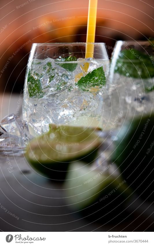 Drinking glass with ice cubes, mint and soda water. Limes in the foreground Cocktail Beverage Lemon soda Soda water Soda Soda Water Ice cube Glass Fresh chill