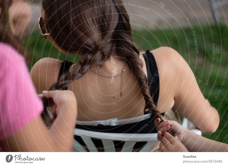 Plaits braid. Girls among themselves girl Summer hair plaits luck Joy holidays hairstyle games Sun Infancy Child Happiness Nature at the same time Together