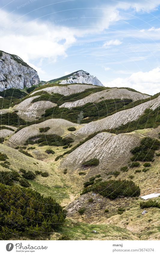 Strange landscape in the limestone mountains hilly Mountain Hiking Landscape Alps Nature Vacation & Travel Chalk alps Peak Rock Clouds Sparse