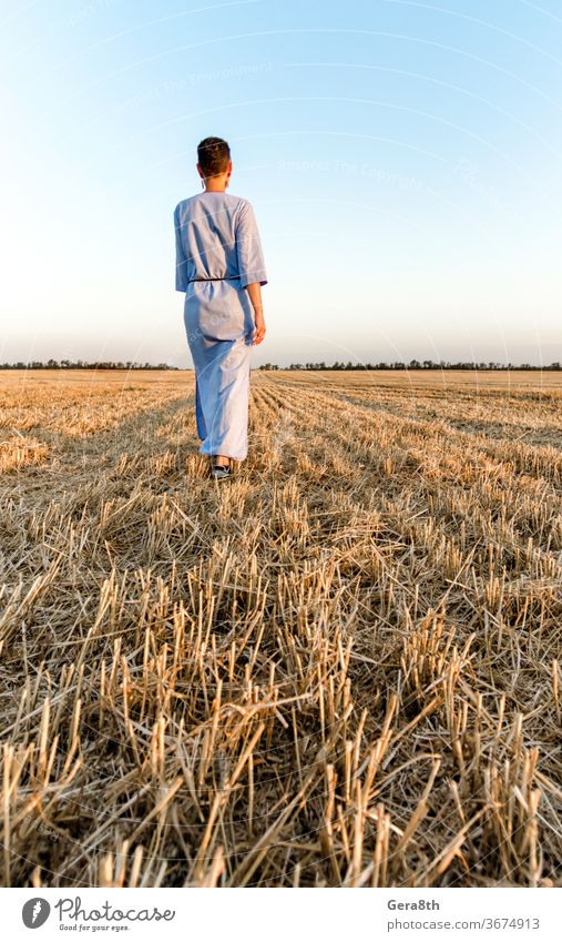 woman farmer walks through a mown wheat field in Ukraine agricultural agriculture authentic autumn back blue bread clothing country countryside crop dress empty