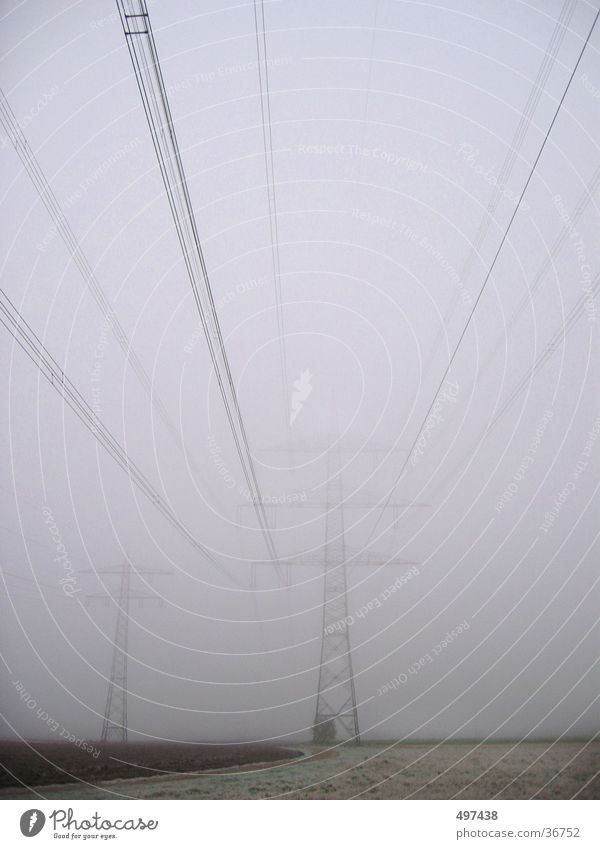 Electricity in fog Fog Field Autumn Winter Electricity pylon Cable unfastened