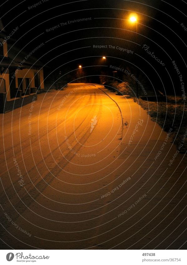 snowy road at night Night Winter Street lighting Transport Snow orange