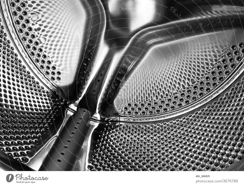 Washing machine drum from the inside Washer Drum Washing day Laundry Clean Clothing Clothesline Household Dry Living or residing Black & white photo