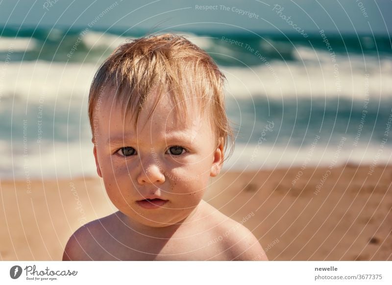 Adorable infant boy looking at camera at summertime. Young caucasian baby at tropical beach with ocean wave behind him. Male kid portrait on his first vacations at sandy beach. Curiosity expression.