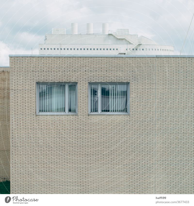 two windows with superstructure - no ship will come... Window Venetian blinds Minimalistic built Facade Retro Cliche Gloomy Town conceit Dirty Modern Boredom