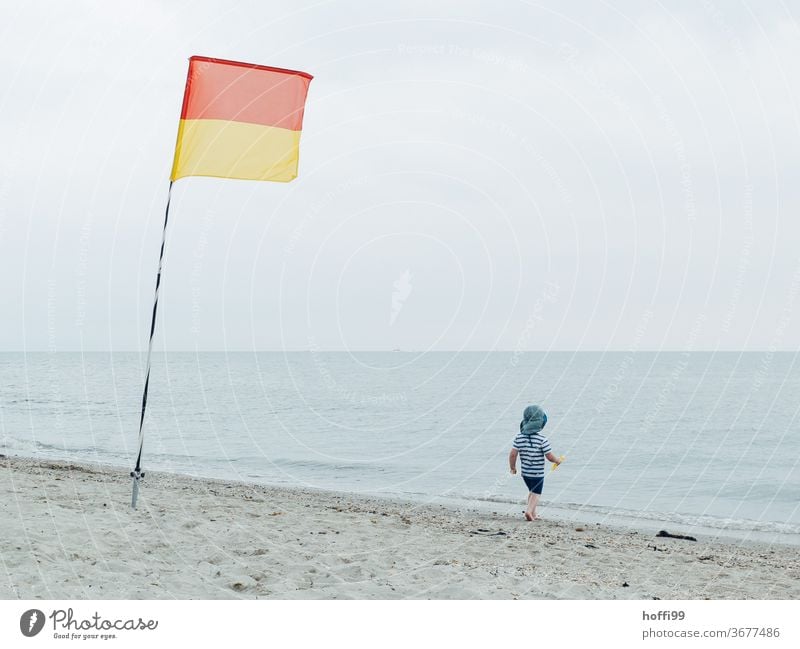 Rescue flag on the beach the little boy wants to go into the water Toddler Boy (child) lido Lifeguard Bathing zone Swimming pool Water Lifebuoy Lifesavers