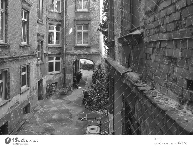 Backyard Berlin Courtyard Black & white photo Prenzlauer Berg doorway Deserted Day Town Downtown Capital city Old town Exterior shot