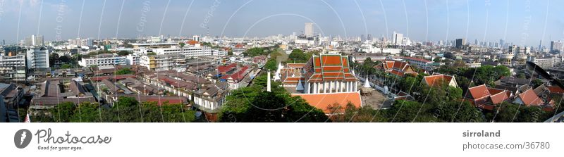 Wat Saket (Golden Mount) Thailand Bangkok Sun Smog Summer Panorama (View) Wide angle Vacation & Travel Far-off places Green Red Success Blue sky Fog