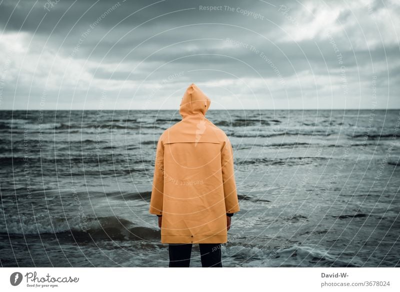 Man with Frisian mink on the beach watching the sea Beach friesennerz Observe monitored Ocean ocean Waves conceit somber by oneself forsake sb./sth. peril Water