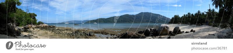 Ko Lipe Thailand Beach Low tide Algae Ocean Coast Sun Palm tree Clouds Summer Watercraft Ferry Panorama (View) Wide angle Vacation & Travel Far-off places Sand