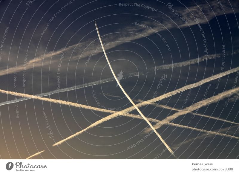 Chemtrails in the sky or contrails from airplanes without conspiracy theory chemtrails Vapor trail Aviation air traffic Sky chemical strips Conspiracy theory