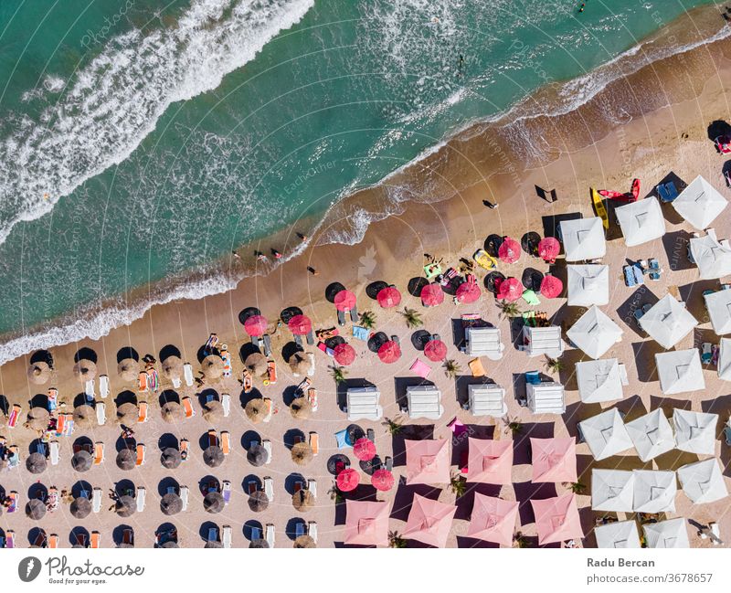 Aerial Beach, People And Colorful Umbrellas On Beach Photography, Blue Ocean Landscape, Sea Waves beach aerial view sand background water sea vacation blue