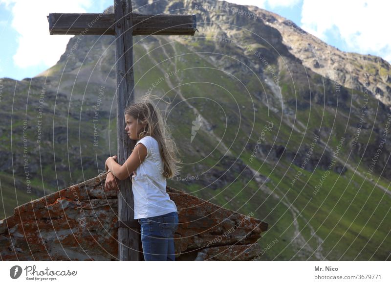 cross on the summit of the valley mountain Crucifix Mountain Peak Alps Landscape Nature Rock Sky Hiking Leisure and hobbies Environment Vacation & Travel