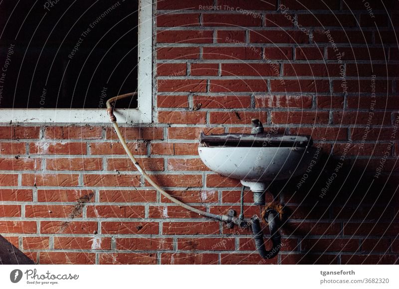 Washbasin and window Sink Window Wall (building) Tap Old Interior shot Deserted Dirty Decline Transience Detail Wall (barrier) Broken Colour photo Past built