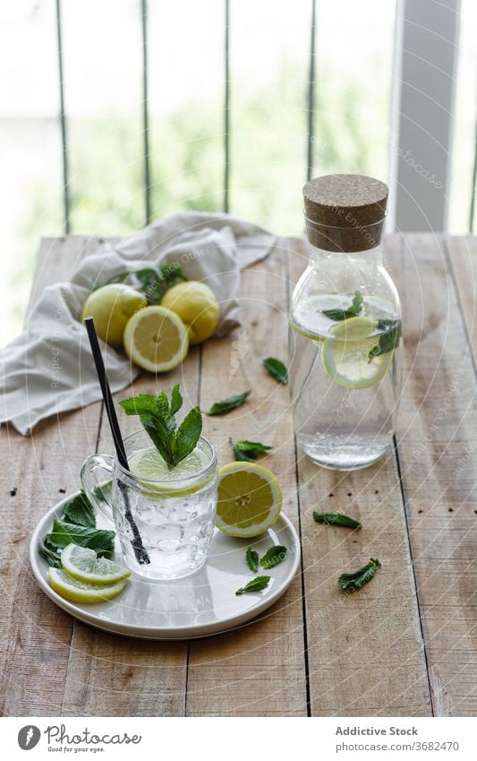 Glass of fresh lemon drink on table soda water cold refresh natural beverage glass mint cup refreshment cocktail liquid cool delicious lemonade citrus tasty