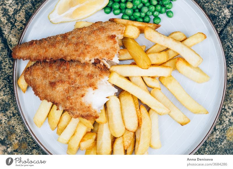 Fish and Chips with peas fish chips food haddock hake battered cod english crispy fillet dinner british fried meal seafood french potato plate dish cooked