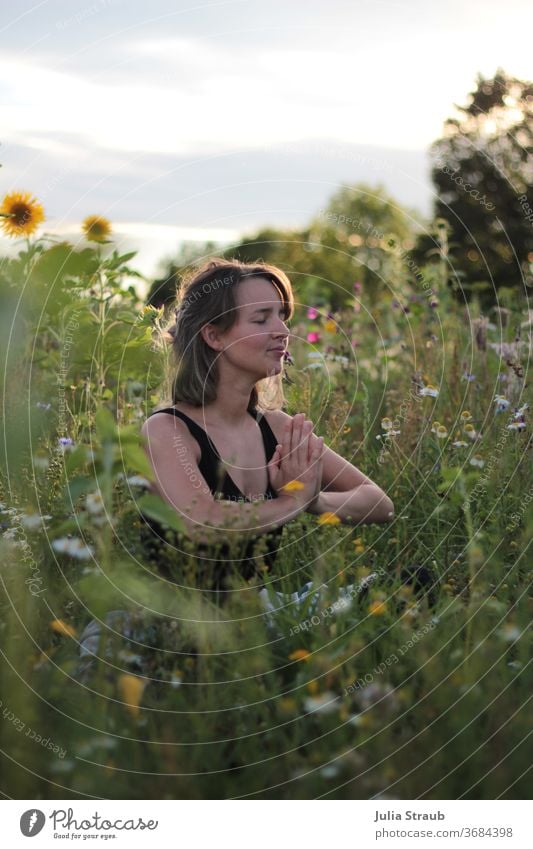 Namstè flower field sunset beautiful meditation Woman Young woman Flower meadow Flower field Sunflower grasses Flowering plant Yoga Meditation relaxed