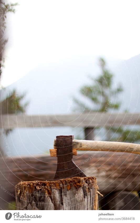 Axe in block of wood Tree stump Bench Woodcutter firewood fissures raindrops Brown Quaint straightforwardness Wood chopping day's work Closing time