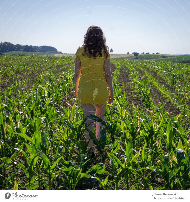 Girl in yellow dress in a cornfield Maize field Field Summer Agriculture Plant Nature Green Agricultural crop Environment Exterior shot Sky Colour photo