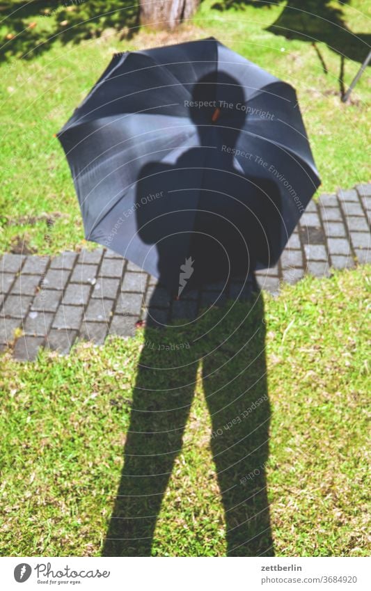 Umbrella in the garden Relaxation holidays Garden Grass allotment Garden allotments Nature Plant Lawn tranquillity Garden plot Summer trunk shrub Copy Space