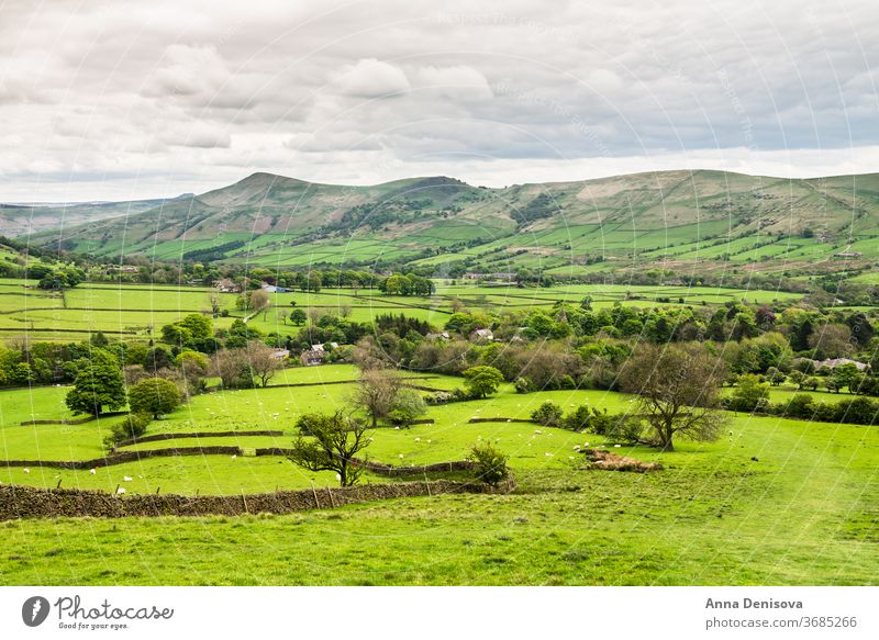 View on the Hills near Edale, Peak District National Park, UK Derbyshire England English Blue Cloudy Countryside Farmland Green Lawn Meadow Midlands Mountain