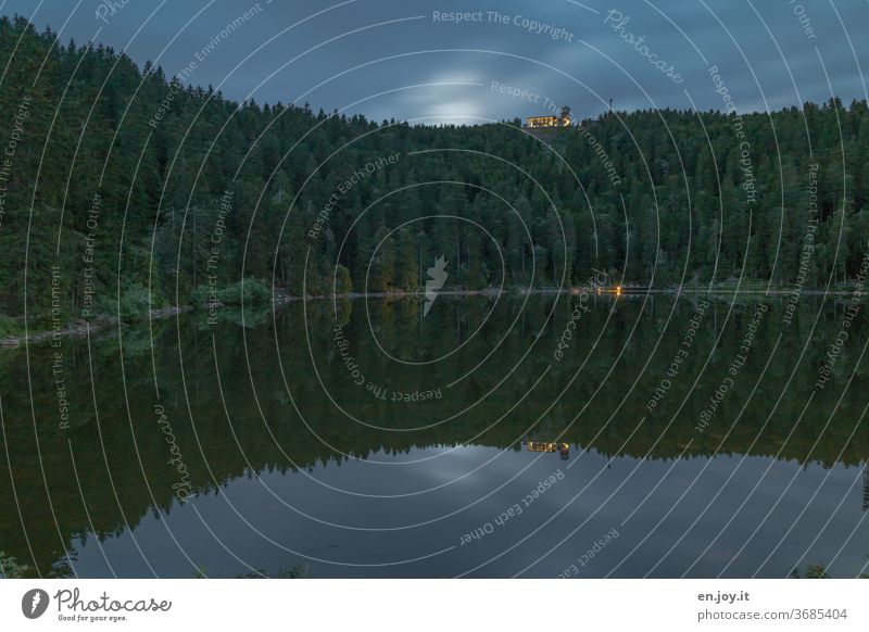 Mummelsee at the blue hour Mummelsee Lake Black Forest Evening Night reflection Hornisgrinde mountain Nature Landscape Clouds Sky Night sky Shadow huts