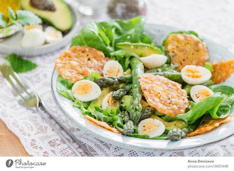 Asparagus Salad with quails eggs and cheese crisps asparagus salad quail egg healthy avocado detox gruyere green food vegetable gourmet vegetarian appetizer