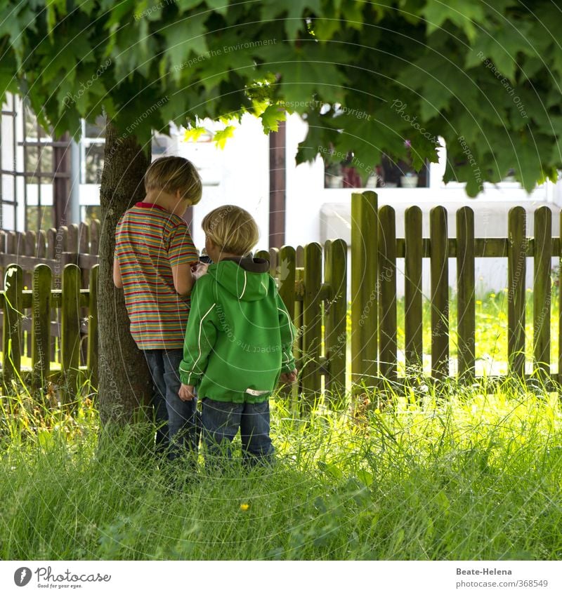 The adventure begins on the doorstep: two little boys make plans with their mobile phones Leisure and hobbies Playing Flat (apartment) Boy (child) Friendship