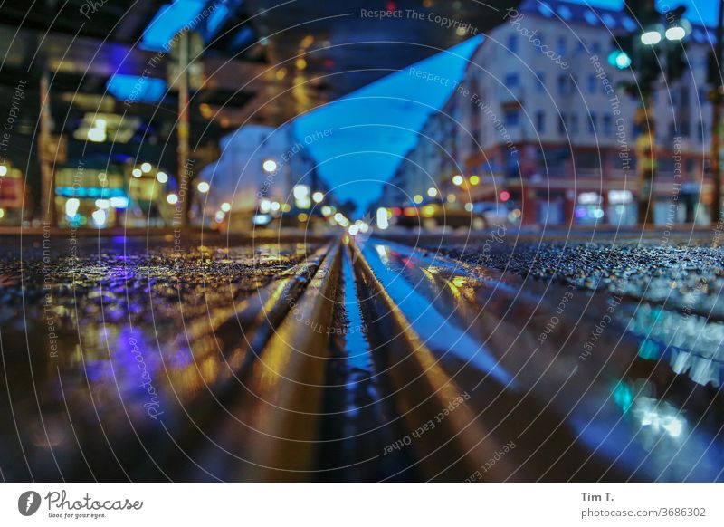 Schönhauser corner Berlin Rain Reflection Railroad tracks Worm's-eye view Night Dawn Prenzlauer Berg Exterior shot Town Downtown Capital city Old town Deserted