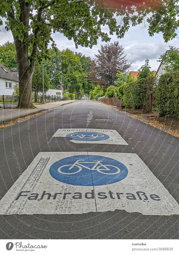 Bicycle road emblem, sign Street Lettering Letters (alphabet) Traffic infrastructure Colour Asphalt Pictogram mark Town Transport bicycle road Cycling Hedge