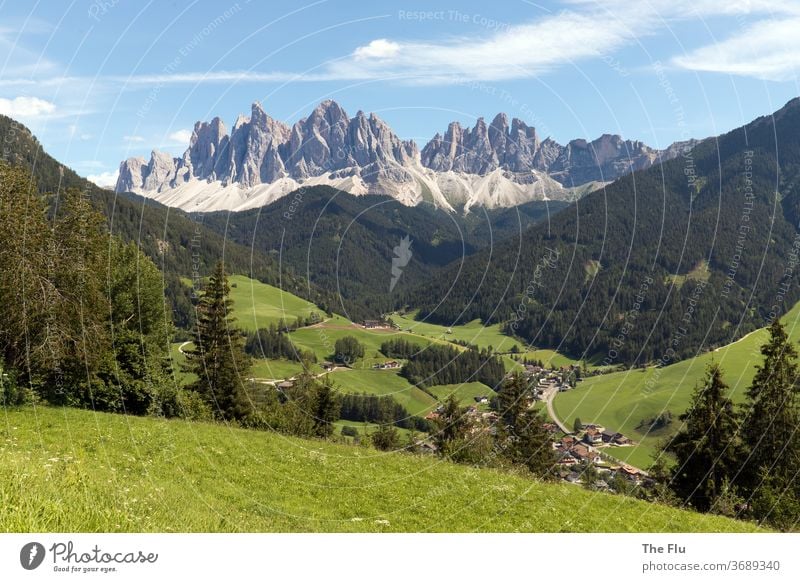 Geisler Group in the Dolomites Geisler range Geisler peaks Sass Rigais villnöss Villnöss Valley Mountain Alps Peak Landscape Colour photo Nature Exterior shot