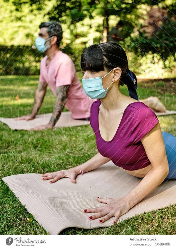 Couple doing yoga in Cobra pose in park couple cobra pose mask coronavirus together tranquil flexible relax relationship green harmony outbreak summer wellness