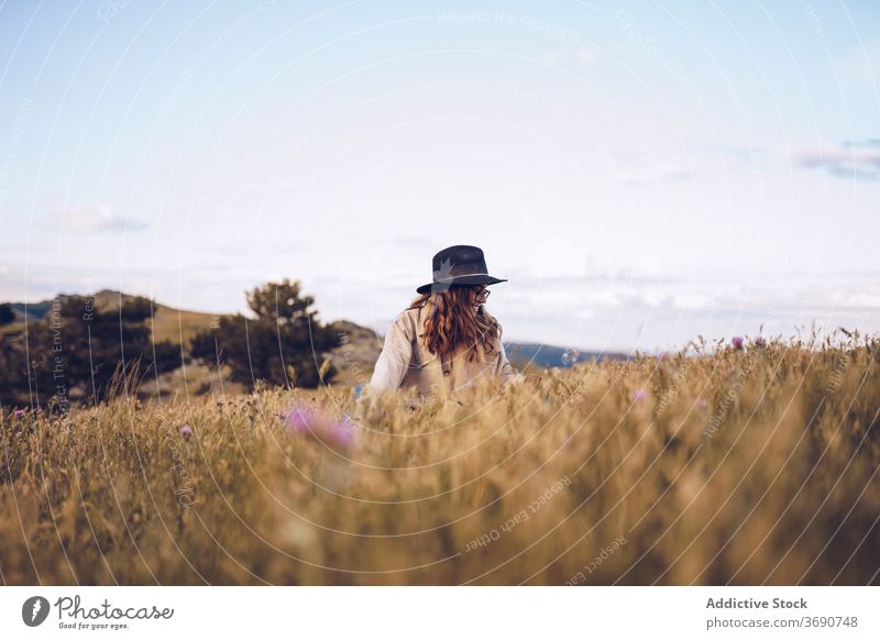 Calm woman relaxing in the field autumn dried meadow nature serene rest harmony female peaceful fall sit grass season dry tranquil enjoy idyllic lady freedom