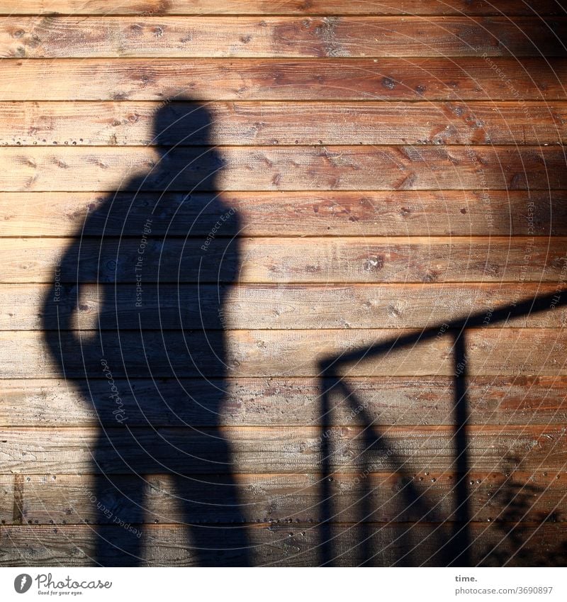 shadow theatre (5) Man Shadow Movement Whimsical sunny Sunlight shady wood Wall (building) Wooden wall Handrail Stand