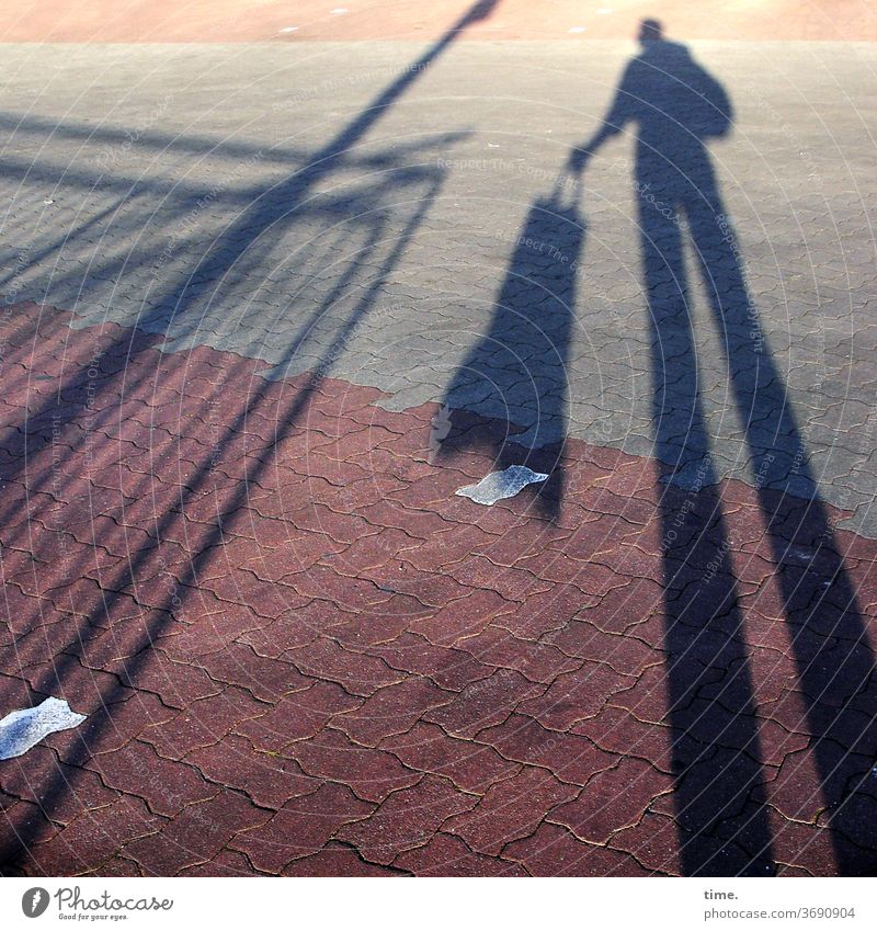 shadow theatre (1) Man Shadow Movement Whimsical sunny Sunlight shady tute urban off Street Handrail stones Paving stone Red Reddish