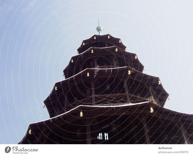 Chinese Tower Munich The Englischer Garten Pagoda Bell Icicle Landscape format Story Spire Architecture China Tower View to the sky Contrast