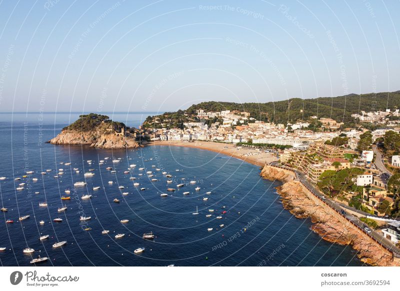 Aerial view of Tossa de Mar, Girona, Spain aerial aerial photography aerial view ancient barcelona bay beach beautiful blue castle catalonia catalunya city