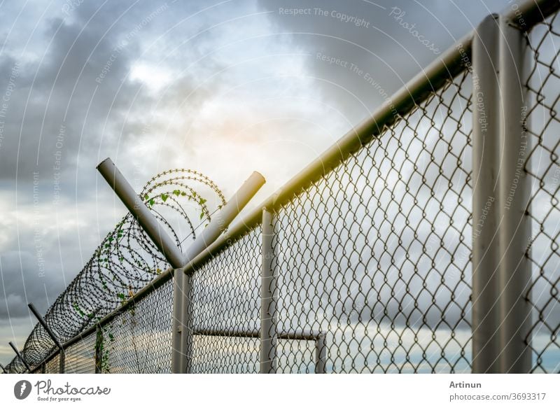 Prison security fence. Barbed wire security fence. Razor wire jail fence. Barrier border. Boundary security wall. Prison for arrest criminals or terrorists. Private area. Military zone concept.