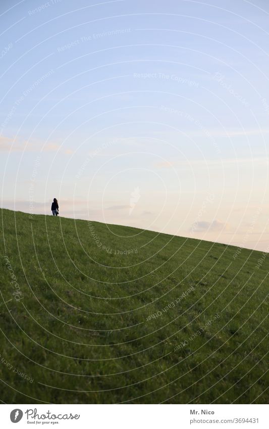 favourite person I on the way up hillock Hilly landscape Landscape Sky Nature Environment Summer rural Grass green Meadow Clouds Idyll Mountain Vantage point