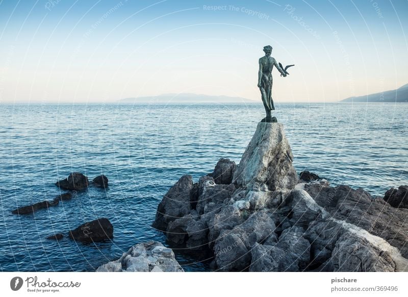 Opatija Cloudless sky Horizon Beautiful weather Rock Coast Ocean Blue Statue Croatia Colour photo Exterior shot Twilight Sunrise Sunset Deep depth of field