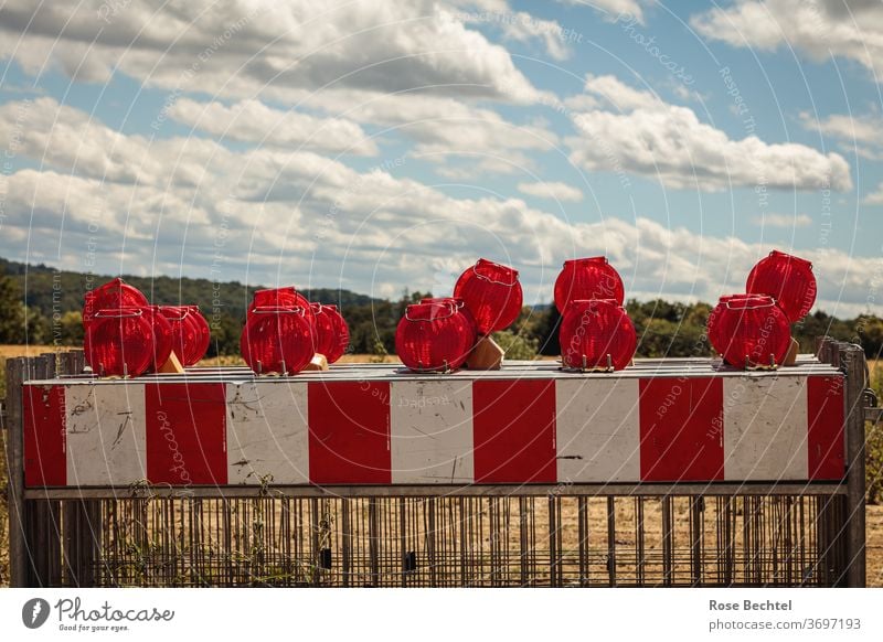 Red and white barrier grid Grating cordon Safety Protection Barrier Construction site Fence Road construction Exterior shot Hoarding Bans Deserted