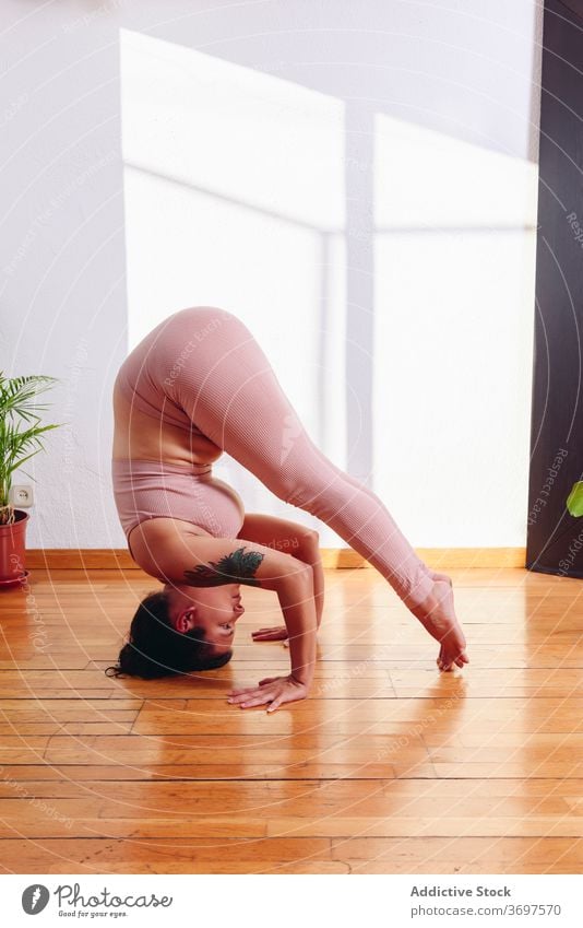 Woman doing yoga in Supported Headstand pose headstand woman supported headstand pose salamba sirsasana flexible balance home plump female healthy wooden floor