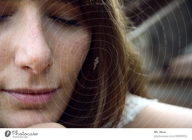 one moment Meditative Face thoughts Calm Trust natural Emotions portrait Sadness Dream Long-haired Authentic Mouth Lips Exceptional Concern Think Woman