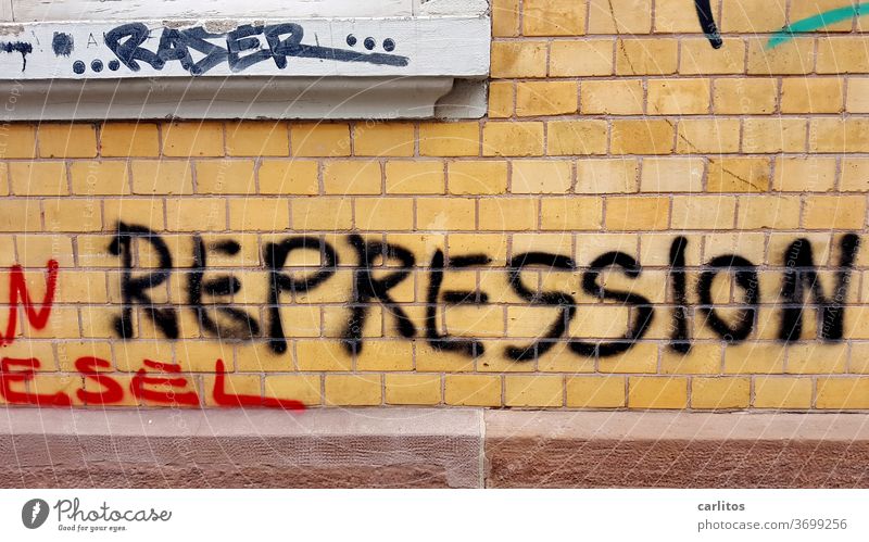 No title Repression arbitrarily Compulsion Force abuse of power Graffiti house wall Facade Characters Day Aggression furious Hatred