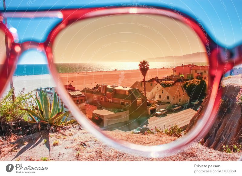 View of the evening ocean through sunglasses america summer background beach beautiful blue california cloud city coast colorful hiking horizon landscape