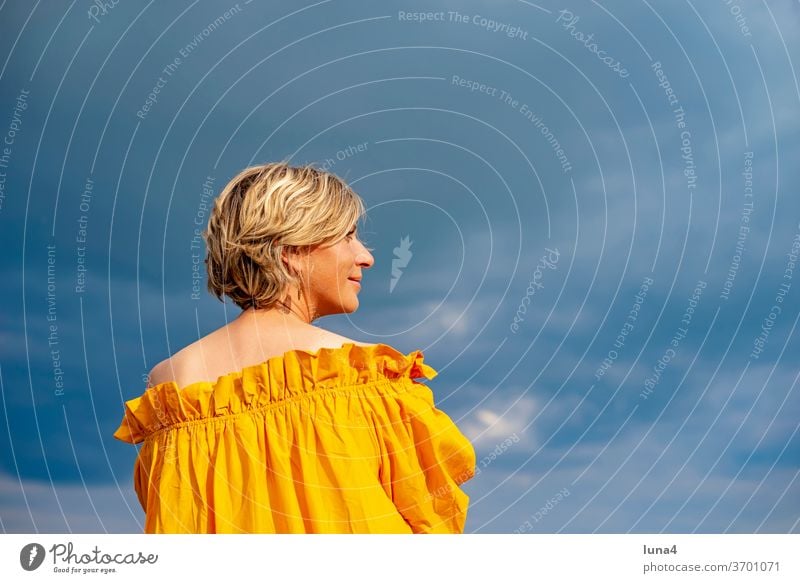 portrait of a woman Woman smile Young woman fortunate cheerful time-out luck Joy sensual daintily pretty spring Dress confident Joie de vivre (Vitality)