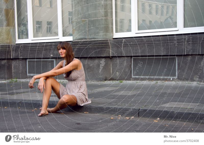 relaxed waiting part 2 Street Sidewalk Curbside Barefoot Dress Long-haired Wait Date Quarter House (Residential Structure) Window Patient built Loneliness